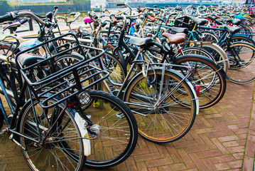 Fototapeta na wymiar Bicycles in Amsterdam. City landscape. Winter season
