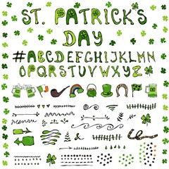 St. Patrick's Day Hand Drawing Full Collectoin Lettering Icons Design Elements.