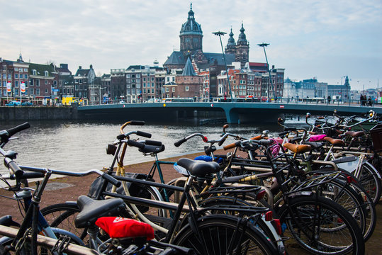 Bicycles in Amsterdam. City landscape. Winter season