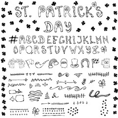 St. Patrick's Day Hand Drawing Full Collectoin Lettering Icons Design Elements. Outline.