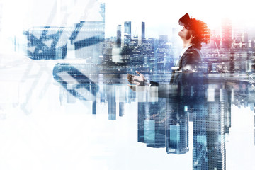 Man in virtual helmet . Mixed media