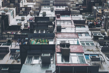 Fototapeta premium Low angle view image of a crowded residential building in community in Quarry Bay, Hong Kong