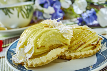 apple cheesecake with cup of tea sweet dessert still life