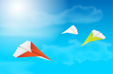 Three flying paper planes, sky, clouds and sun