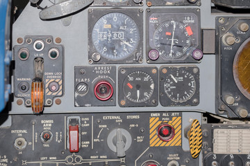 Aircraft cockpit / View of old aircraft cockpit, different meters and displays console.