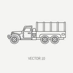 Line flat plain vector icon tarpaulin wagon army truck. Military vehicle. Cartoon vintage style. Cargo and soldiers transportation. Tractor unit. Tow. Simple. Illustration and element for your design.