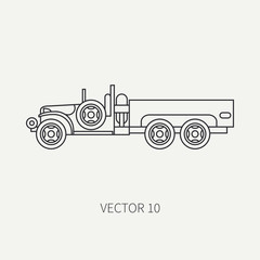 Line flat plain vector icon service staff open body army truck. Military vehicle. Cartoon vintage style. Cargo transportation. Tractor unit. Tow auto. Simple. Illustration and element for your design.