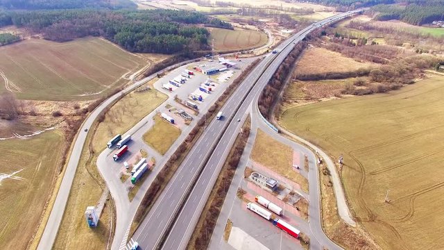 Aerial view of highway D5 gasoline station with parking nearby Pilsen, Czech republic, Central Europe. Transportation concept.