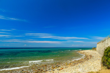 Fototapeta premium The rocky coast with tree overlooking the turquoise blue sea in warm summer day.