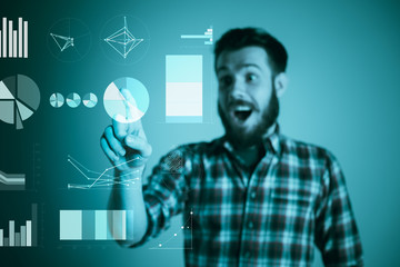 Handsome young man with idea bulb on blue