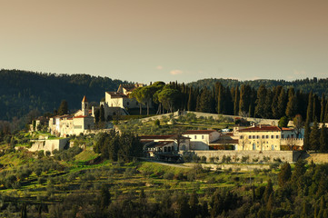 Fototapeta na wymiar Beautiful Landscape in the countryside near Nipozzano with olive trees in Tuscany, Winter, Italy