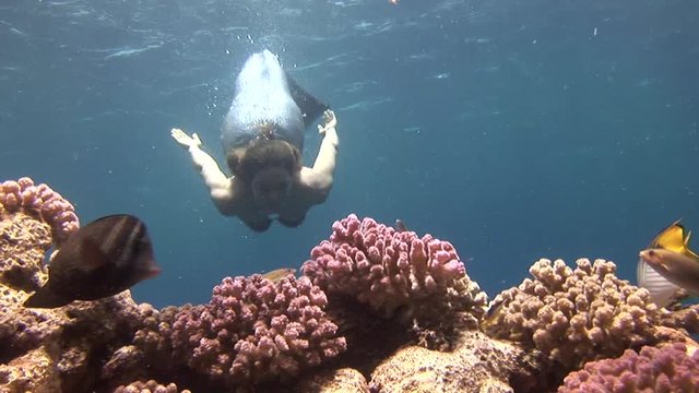 Underwater model in mermaid costume posing for the camera in the Red Sea. Young girl smiling. Filming a movie in marine landscape, coral reefs, ocean inhabitants.
