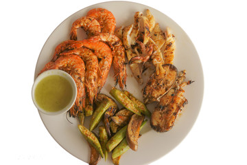 shrimp and seafood a plate