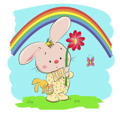 A little cute rabbit , a child's drawing, color, bright