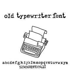 Vector old typewriter font. Vintage grunge letters. Old destroyed printed letters.