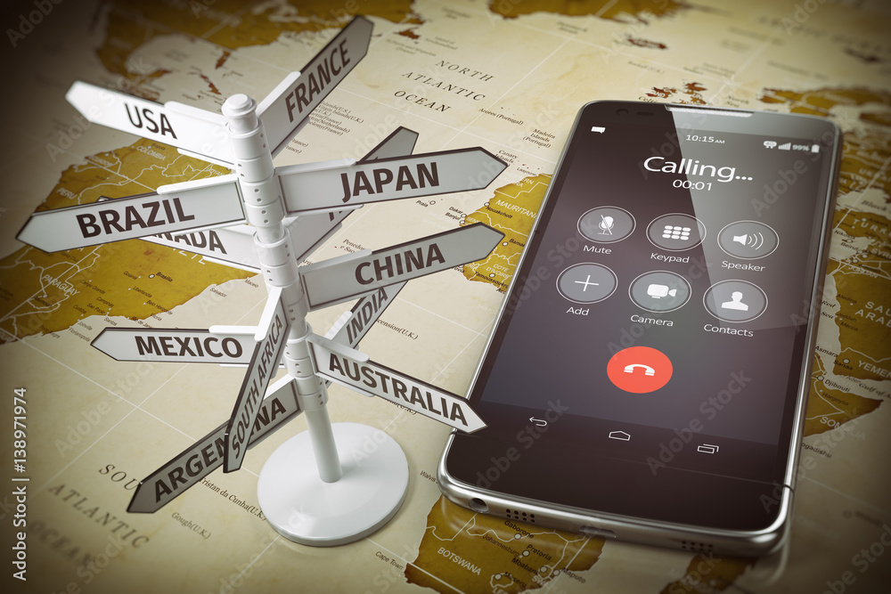 Aufkleber global communication, calls abroad, roaming concept. mobile phone and signboard with different direc