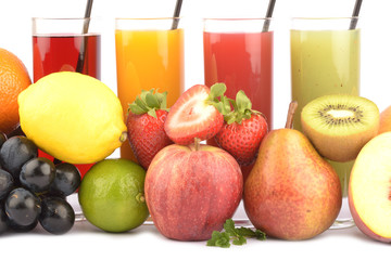 Fresh fruit juices on white