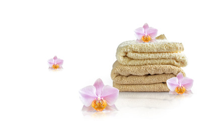 Fototapeta na wymiar Clean towels and Orchid flowers.