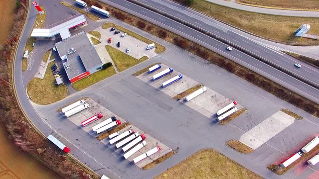 Aerial view of highway D5 gasoline station with parking nearby Pilsen, Czech republic, Central Europe. Transportation concept.