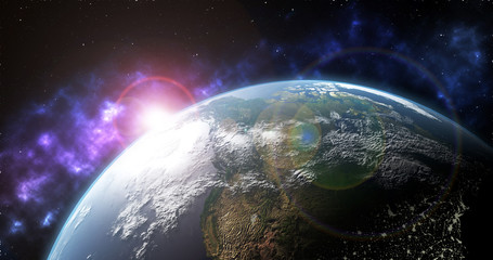 3D Earth globe in space with stars, shinny sun, dark universe and lens flare - United-States - globalization concept