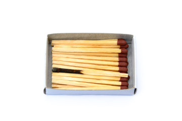 Laid used matchsticks isolated on white background