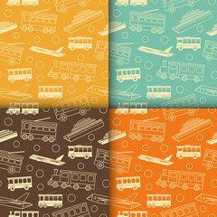Naklejka premium Retro seamless patterns with outline icons of transport. Vector set vintage illustration for wrapping or textile. Background. Linear objects in flat design..