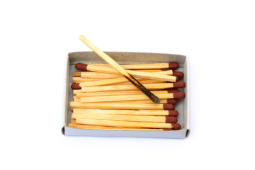 Laid used matchsticks isolated on white background