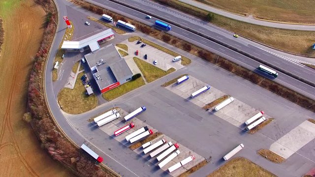Aerial view of highway D5 gasoline station with parking nearby Pilsen, Czech republic, Central Europe. Transportation concept.