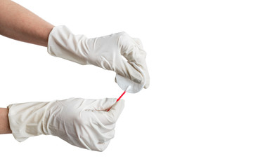 two female hands with white gloves and cotton pad and stick isolated © EdNurg