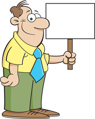 Cartoon illustration of a man holding a sign.