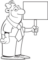 Black and white illustration of a man holding a sign.