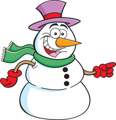 Cartoon illustration of a snowman pointing.