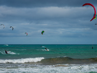 Kitesurfing on Fuerteventura Island, Spain.