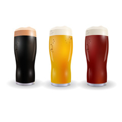 Image of three wine glasses with bright, red and dark beer. Isolated on white background. illustration