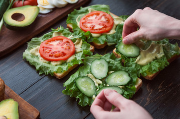 girl chef making sandwich in rustic style with turkey meat and chicken and vegetables