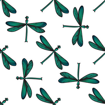 Dragonfly seamless pattern. Cute cartoon insect texture. Vector illustration