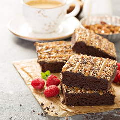 Fudgy brownies with nuts and caramel