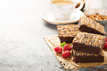 Fudgy brownies with nuts and caramel