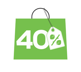 Green shopping bag with 40% text and percent design with leaf and stick price tag label on it isolated on white background. For spring sale campaigns.