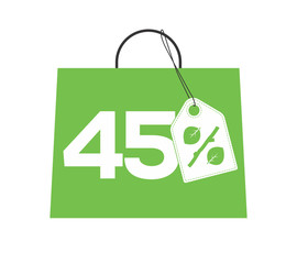 Green shopping bag with 45% text and percent design with leaf and stick price tag label on it isolated on white background. For spring sale campaigns.