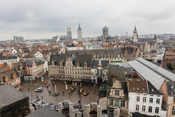 Architecture of streets of Ghent town, Belgium in rainy day in winter