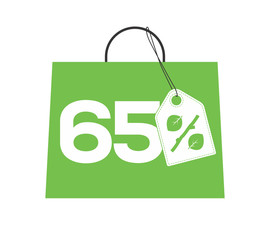 Green shopping bag with 65% text and percent design with leaf and stick price tag label on it isolated on white background. For spring sale campaigns.