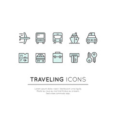 Vector Icon Style Logo Set of Traveling, Boat and Car Trip, Flight, Train Ticket, Money and Key, Isolated Linear Design Concept