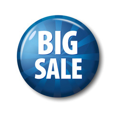 Bright blue round button with words 'Big Sale' on white background with transparent shadow. Plastic circle label with discount offer. Realistic vector illustration.