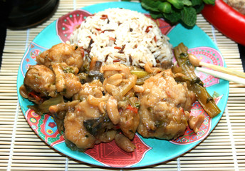 Peanut chicken and coconut milk in Chinese style cuisine of Southeast Asia, Thai food, Chinese food, coconut milk, nuts, chicken, wild rice