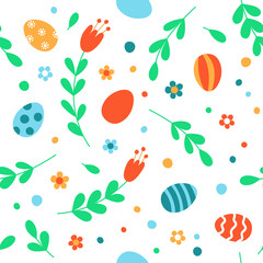 Seamless pattern with easter eggs, flowers and twigs. Vector template for textiles, wrapping, wallpapers.