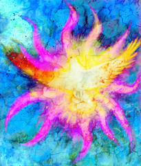 Dove on abstract background in light flame. Painting and graphic design.