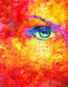 Woman eye in cosmic background. Painting and graphic design. Fire effect.