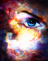 Woman eye in cosmic background. Painting and graphic design.