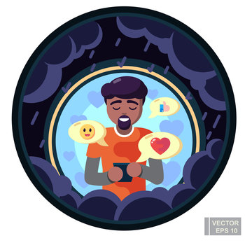 Lover freand family cheer up depressed boy man via smart phone tablet. Care and support in stressful time, shelter against problem in chat